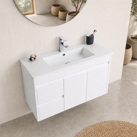 Aulic Maya 900mm wall hung vanity shown in a finished bathroom