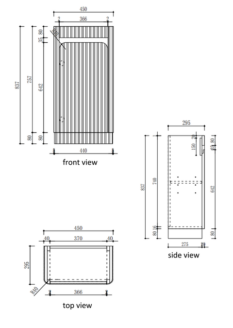 Aulic Mini Hartelle 470mm floor standing vanity dimensions diagram