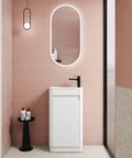 Close-up styling shot of the Aulic Mini Hartelle 470mm floor standing vanity