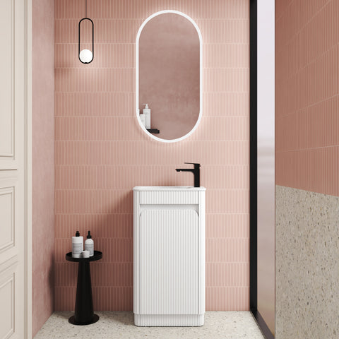 Close-up styling shot of the Aulic Mini Hartelle 470mm floor standing vanity
