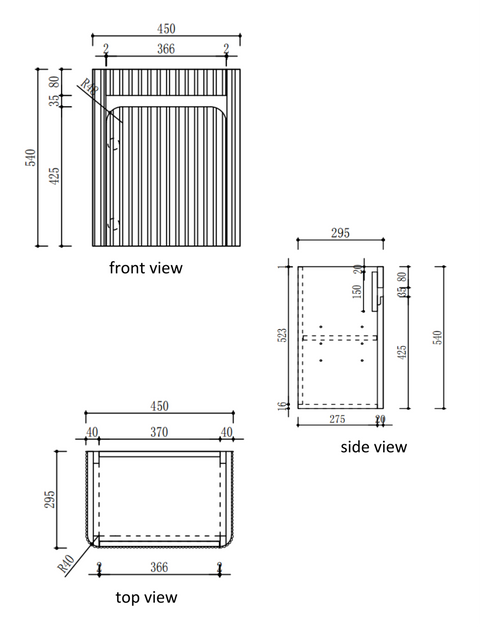 Aulic Mini Hartelle 470mm wall hung vanity dimensions diagram