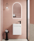 Close-up styling shot of the Aulic Mini Hartelle 470mm wall hung vanity