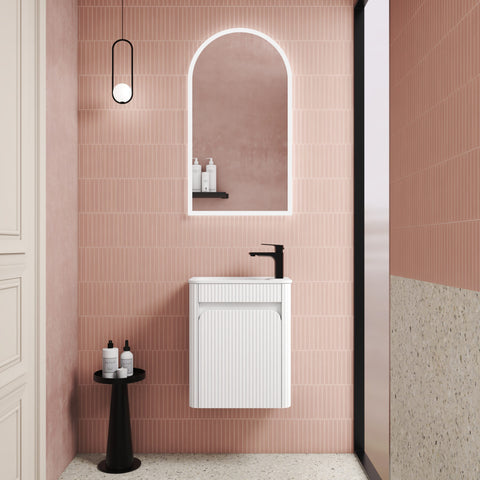 Close-up styling shot of the Aulic Mini Hartelle 470mm wall hung vanity