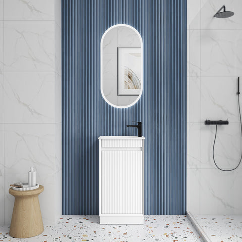 Close-up styling shot of the Aulic Mini Ravia 450mm floor standing vanity