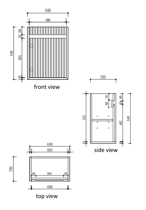 Aulic Mini Ravia 450mm wall hung vanity dimensions diagram