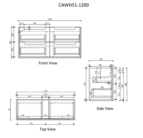 Aulic Moreno 1200mm wall hung vanity dimensions diagram