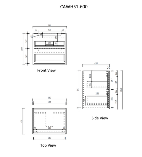 Aulic Moreno 600mm wall hung vanity dimensions diagram