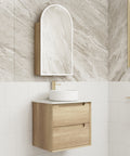 Aulic Moreno 600mm wall hung vanity styled in a bathroom