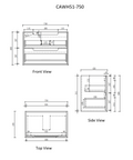 Aulic Moreno 750mm wall hung vanity dimensions diagram