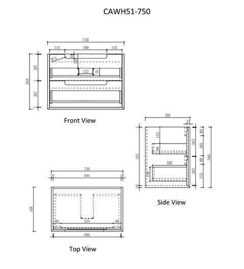 Aulic Moreno 750mm wall hung vanity dimensions diagram