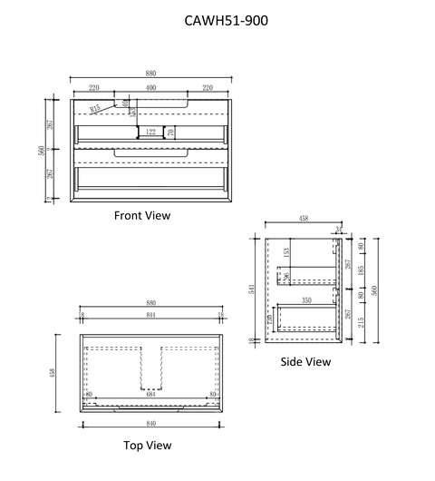 Aulic Moreno 900mm wall hung vanity dimensions diagram