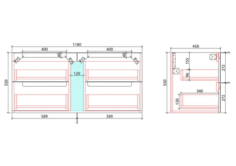 Aulic Neva 1200mm wall hung vanity dimensions diagram