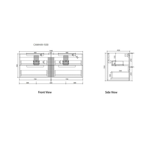 Aulic Neva 1500mm wall hung vanity dimensions diagram