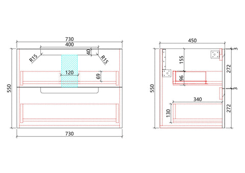 Aulic Neva 750mm wall hung vanity dimensions diagram