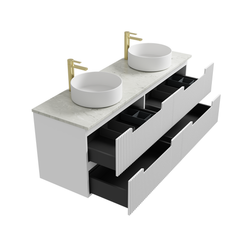 Open drawers of the Aulic Neva 900mm wall hung vanity showing the graphite interior