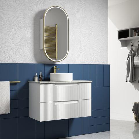 Aulic Neva 900mm wall hung vanity styled in a bathroom