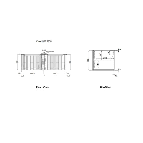 Aulic Perla Mark II 1200mm wall hung vanity dimensions diagram