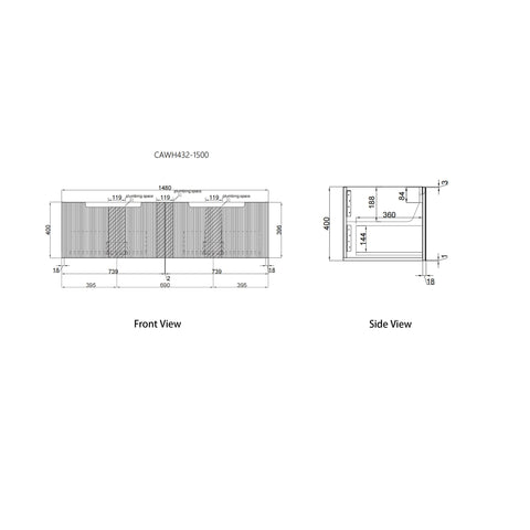 Aulic Perla Mark II 1500mm wall hung vanity dimensions diagram