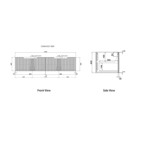 Aulic Perla Mark II 1800mm wall hung vanity dimensions diagram