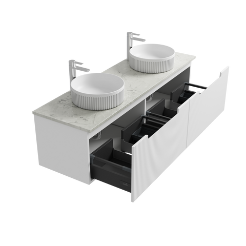 Open drawers of the Aulic Perla Mark II 1800mm wall hung vanity showing the graphite interior