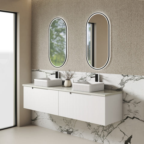 Close-up styling shot of the Aulic Perla Mark II 1800mm wall hung vanity