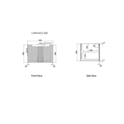 Aulic Perla Mark II 600mm wall hung vanity dimensions diagram