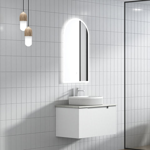 Aulic Perla Mark II 750mm wall hung vanity styled in a bathroom