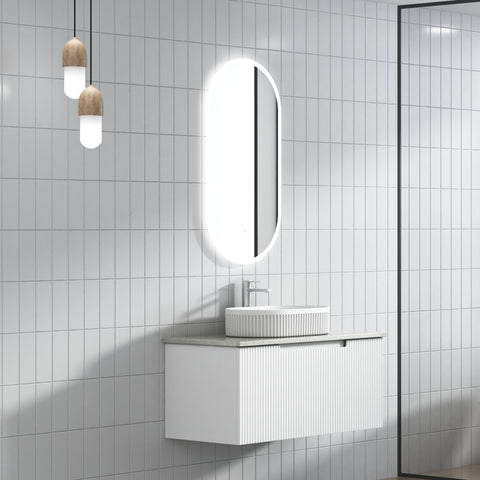 Side view of the Aulic Perla Mark II 900mm wall hung vanity showing drawer depth