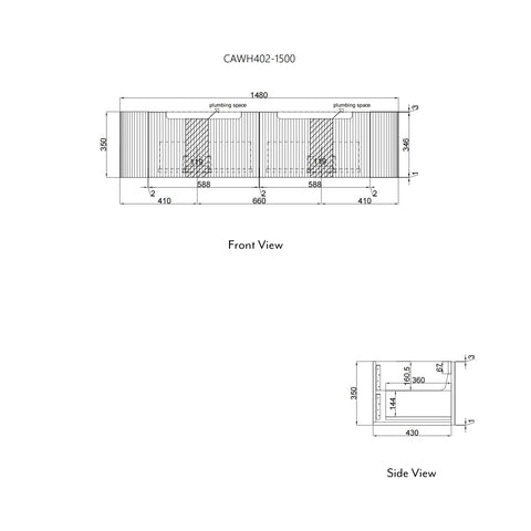 Aulic Petra Mark II 1500mm wall hung vanity dimensions diagram