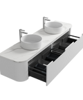 Open drawers of the Aulic Petra Mark II 1500mm wall hung vanity showing the graphite interior