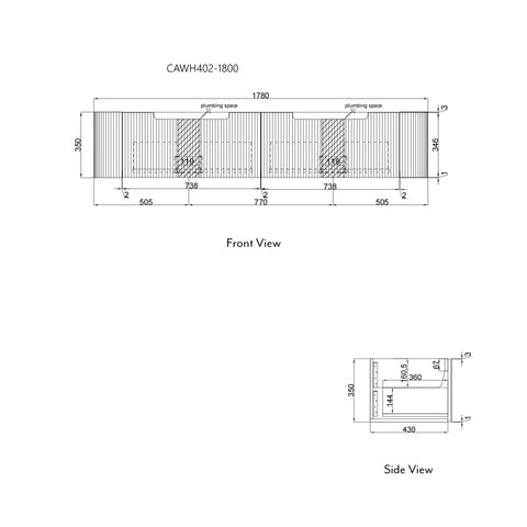Aulic Petra Mark II 1800mm wall hung vanity dimensions diagram