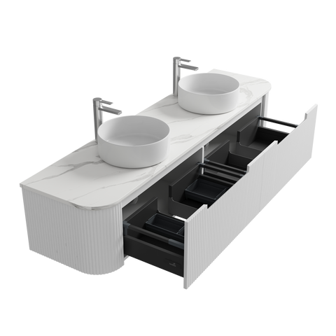 Open drawers of the Aulic Petra Mark II 1800mm wall hung vanity showing the graphite interior