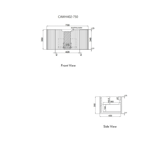 Aulic Petra Mark II 750mm wall hung vanity dimensions diagram