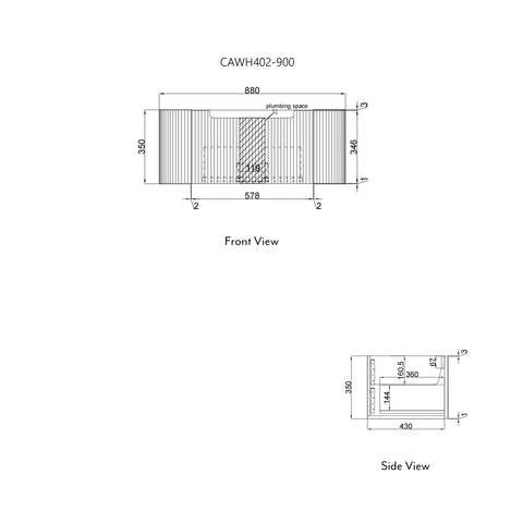 Aulic Petra Mark II 900mm wall hung vanity dimensions diagram