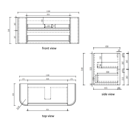 Aulic Ramee 1200mm wall hung vanity dimensions diagram