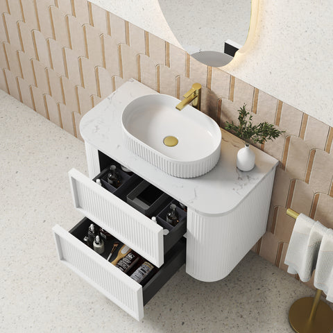 Close-up styling shot of the Aulic Ramee 1200mm wall hung vanity