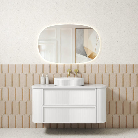 Aulic Ramee 1200mm wall hung vanity styled in a bathroom