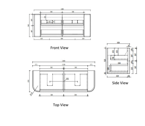 Aulic Ramee 1500mm wall hung vanity dimensions diagram