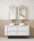 Aulic Ramee 1500mm wall hung vanity styled in a bathroom