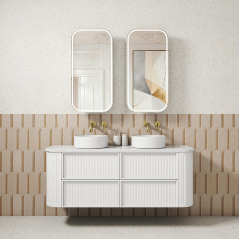 Aulic Ramee 1500mm wall hung vanity styled in a bathroom