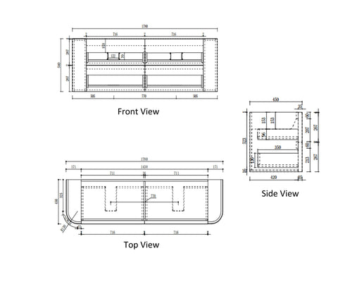 Aulic Ramee 1800mm wall hung vanity dimensions diagram