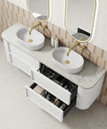 Close-up styling shot of the Aulic Ramee 1800mm wall hung vanity