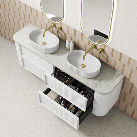 Close-up styling shot of the Aulic Ramee 1800mm wall hung vanity