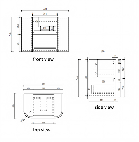 Aulic Ramee 750mm wall hung vanity dimensions diagram