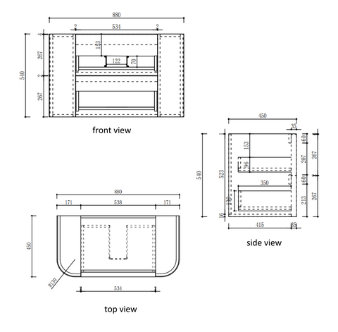 Aulic Ramee 900mm wall hung vanity dimensions diagram