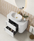 Close-up styling shot of the Aulic Ramee 900mm wall hung vanity