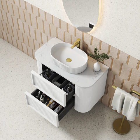 Close-up styling shot of the Aulic Ramee 900mm wall hung vanity