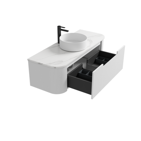 Open drawers of the Aulic Savio 1200mm wall hung vanity showing the graphite interior