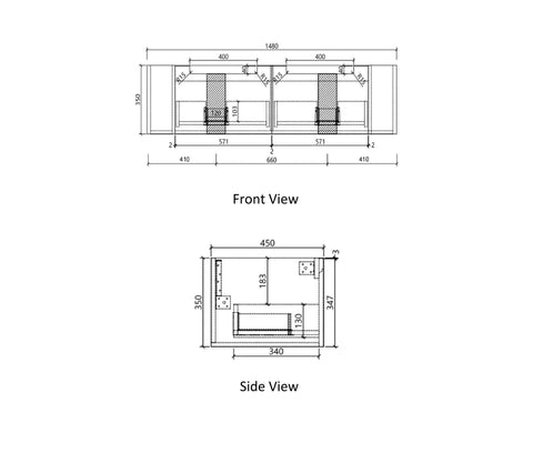 Aulic Savio 1500mm wall hung vanity dimensions diagram