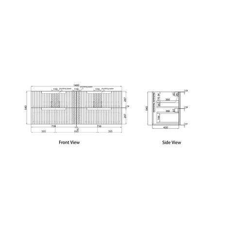 Aulic Tuscana 1500mm wall hung vanity dimensions diagram